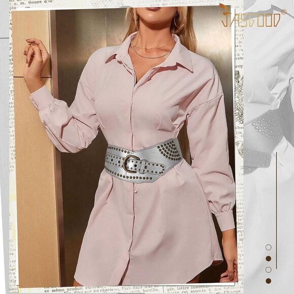 Women Vintage Wide Elastic Studded Stretchy Waist Belt Rivet Metal Buckle Silver main image 5